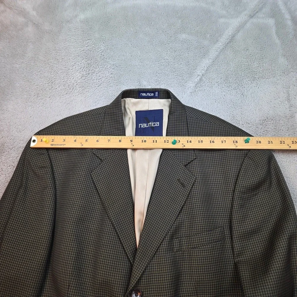 Nautica Wool Blazer Mens 44L 3-Button Micro-Check Sport Coat Jacket Olive Brown